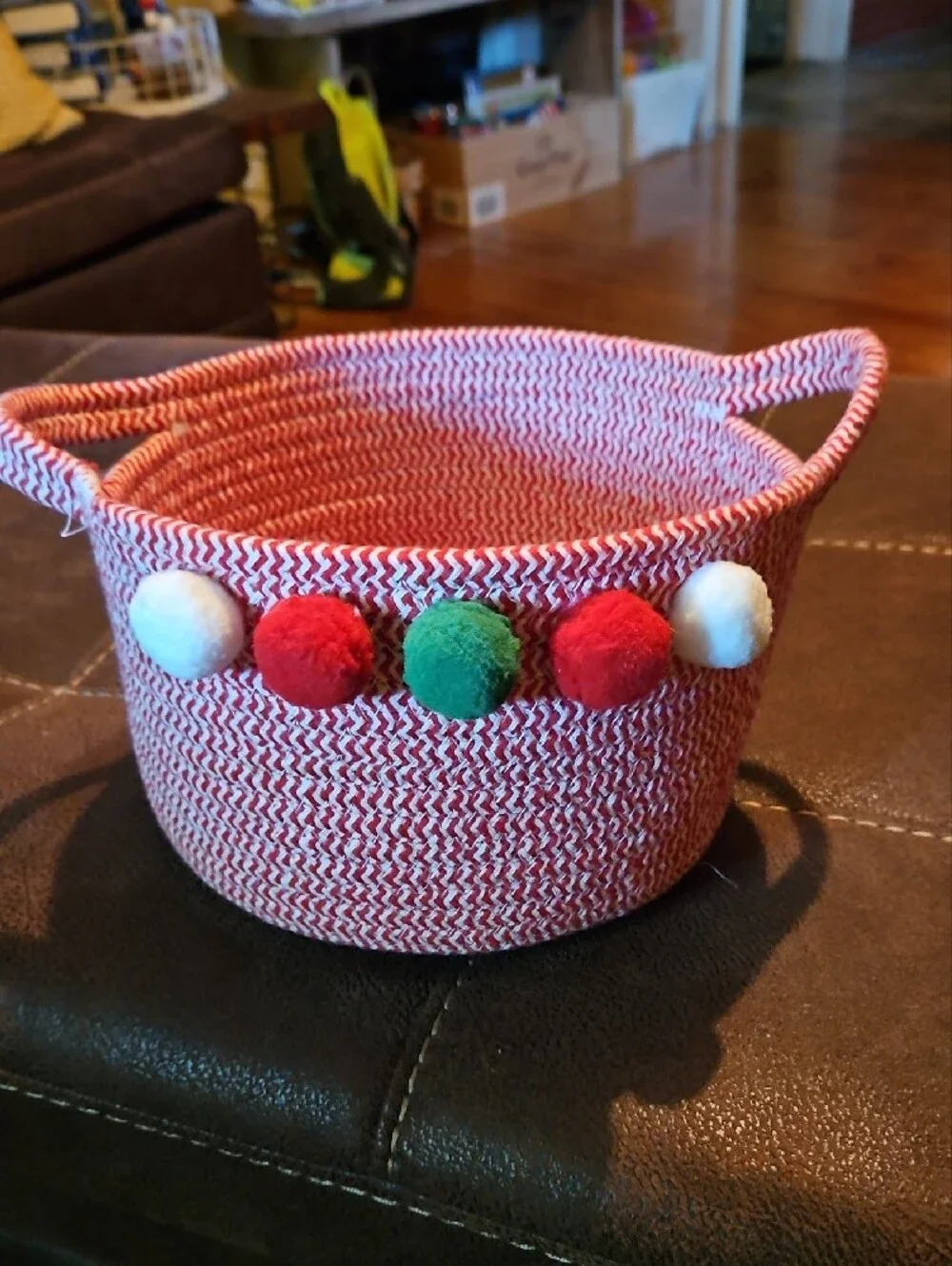 Red Woven Rope Basket with Pom-Pom Trim